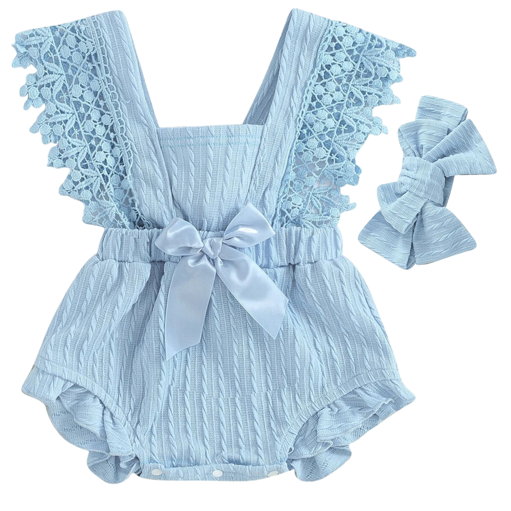 this is a photo of a baby blue romper with lace and matching hair bow